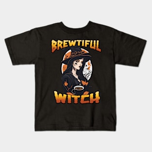 Brewtiful Witch Halloween Coffee lover Kids T-Shirt